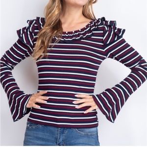 M Navy Striped Bell Sleeve Top